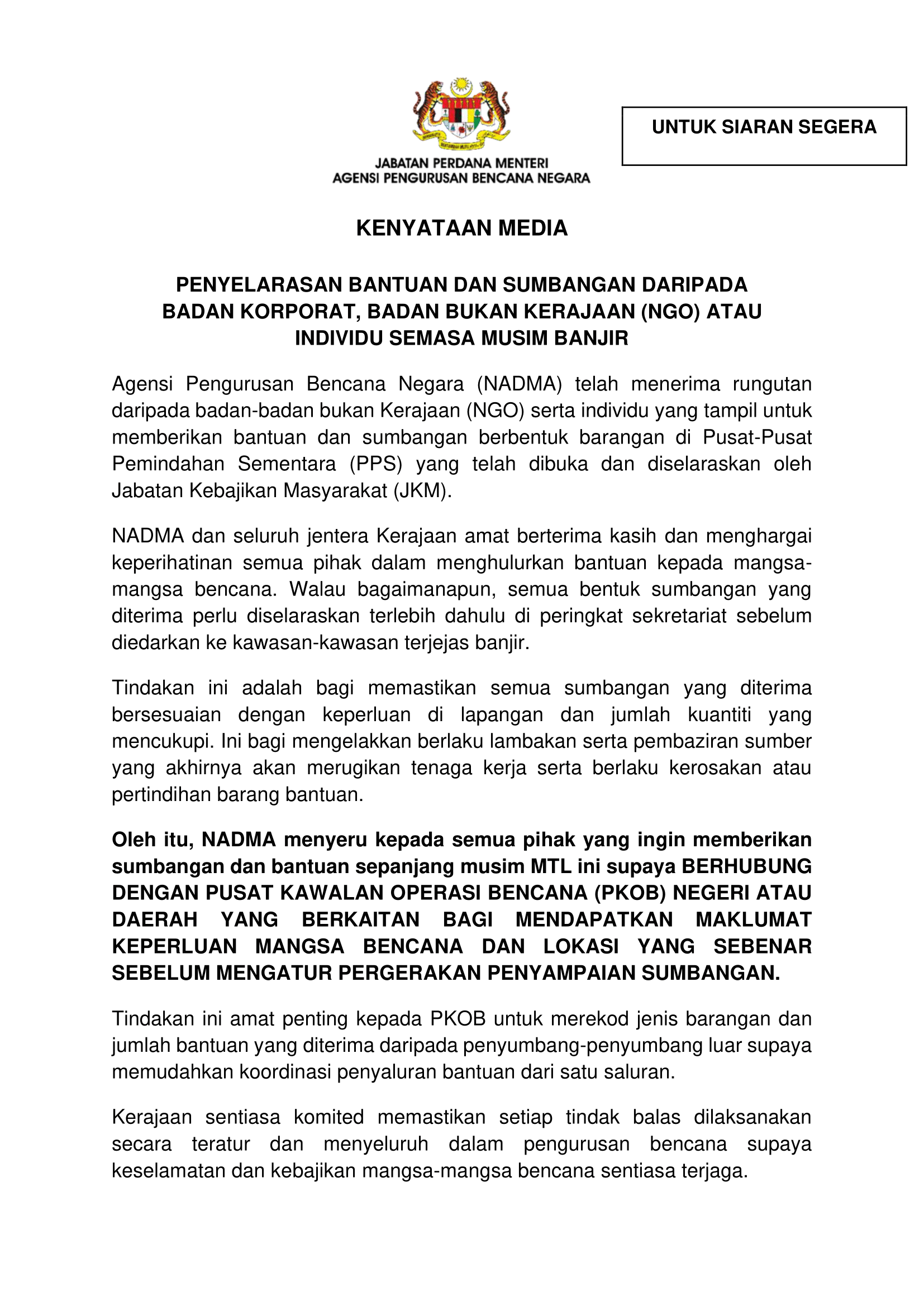 Kenyataan Media Penyelarasan Bantuan NGO